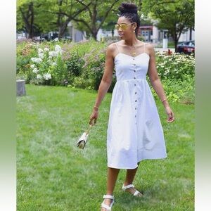 H&M white linen blend button front dress with back smocking for easy fit